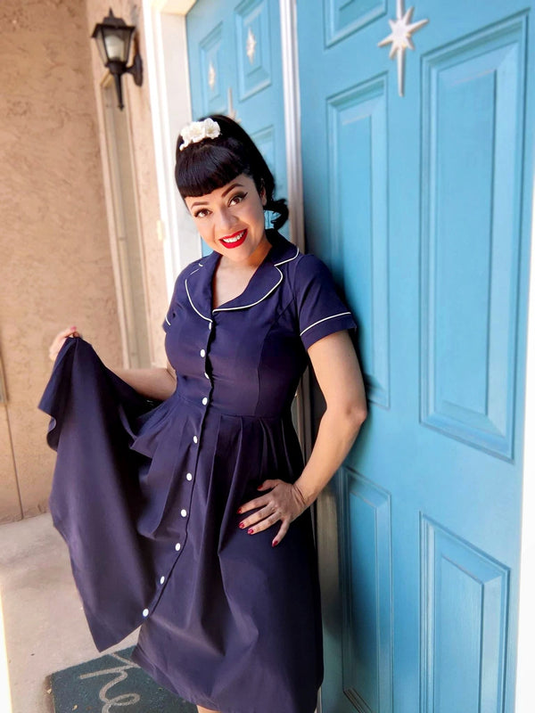 40s 50s Vintage Women`s  Dark Blue Lapel Collar  Vneckline Shirt Dress With Pockets