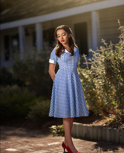 40s 50s Vintage Women`s Blue Plaid Shawl Collar Vneckline Shirt Dress |  Gowntownvintage