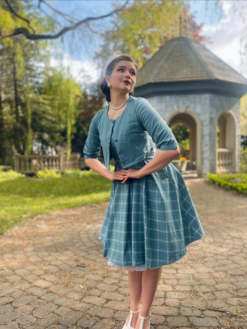 GownTown Women s 1950s Blue Plaid Audrey Hepburn Style Tea Dress With Jacket Gowntownvintage