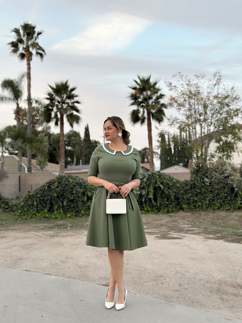 50s Women`s  Armygreen Peter Pan Collar Party Dress With Pockets - Gowntownvintage