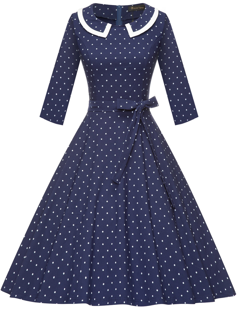 50s Women`s  Darkblue Polka Dot Peter Pan Collar Party Dress With Pockets - Gowntownvintage