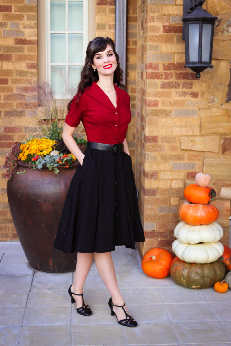 Women`s 1950s Darkred Top With Black Swing ShirtWaist Dress With Pockets - Gowntownvintage