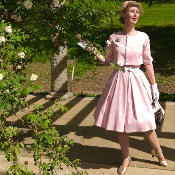 Women`s 1950s Pink Audrey Hepburn Style Tea Dress With Jacket - Gowntownvintage