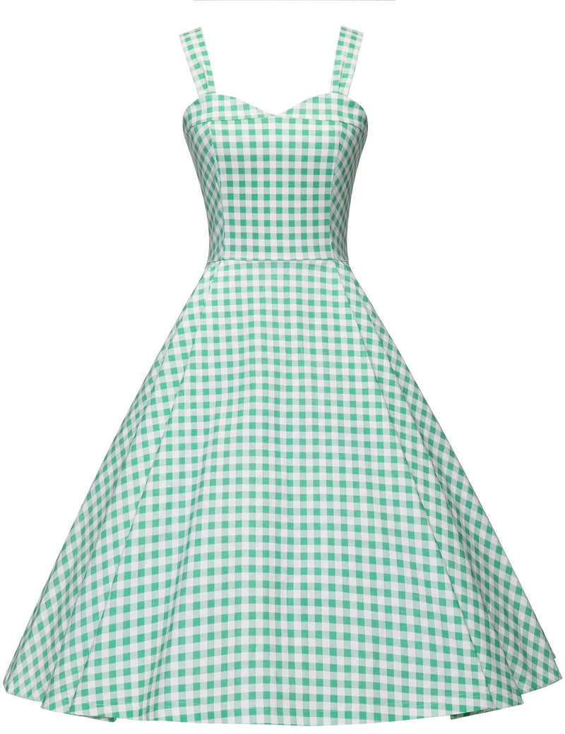 1950s Green Plaid Sweet Heart Neckline Strap Swing Dress With Pockets Gowntownvintage