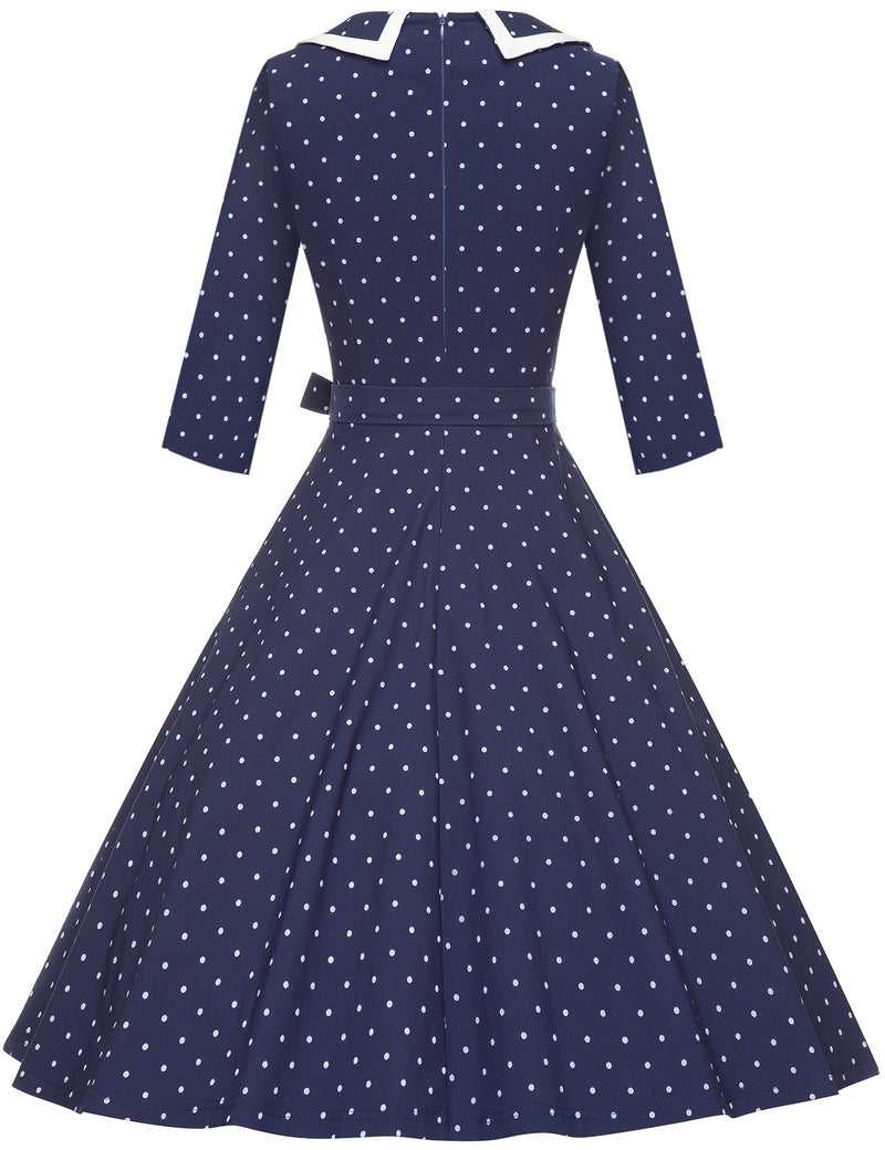 50s Women`s  Darkblue Polka Dot Peter Pan Collar Party Dress With Pockets - Gowntownvintage