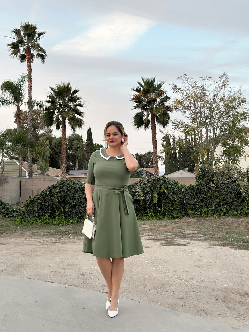 50s Women`s  Armygreen Peter Pan Collar Party Dress With Pockets - Gowntownvintage