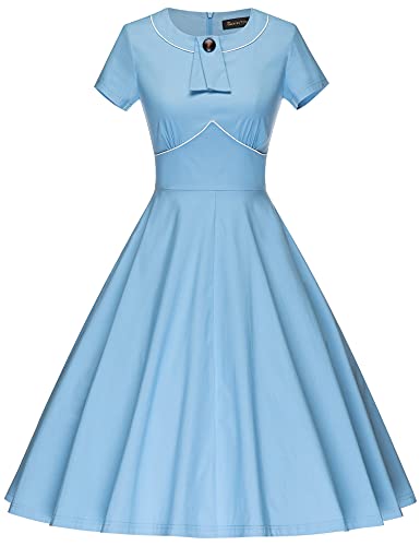 Women`s 50s Lightblue Inserted V waistline Vintage Party Dress With Pockets