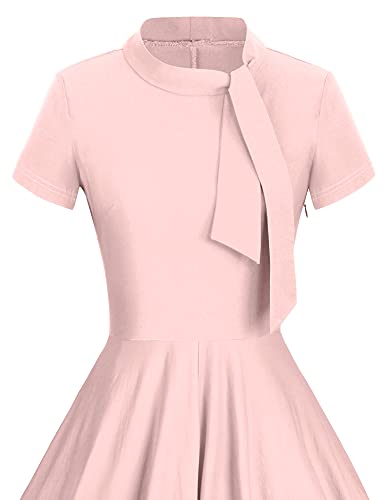 50s Stand Collar Neckline With Fixed Bowknot Tie Pink Retro Rockabilly  Party Swing Dress With Pockets - Gowntownvintage