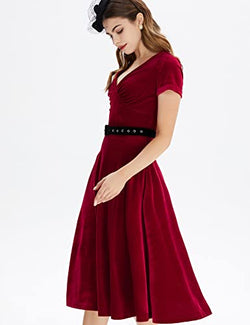 Women`s 50s Vintage Darkred Velvet  Swing Dress With Pockets