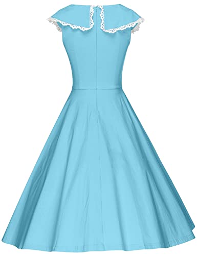 50s Womens Blue Cape Lace Trim Collar Rockabilly Prom Dress With Pockets - Gowntownvintage