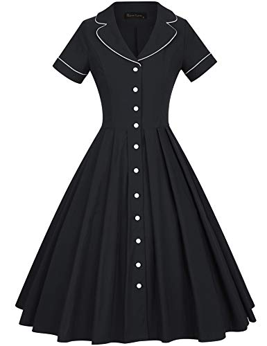 40s 50s Vintage Women`s Black Lapel Collar  Vneckline Shirt Dress With Pockets - Gowntownvintage