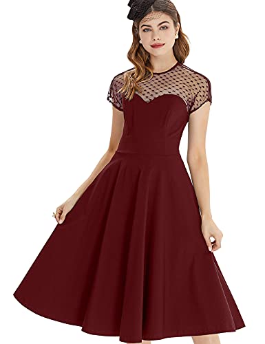 50s  Darkred Round Neckline Semi-transparent Lace Top Splicing Party Swing Dress With Pockets