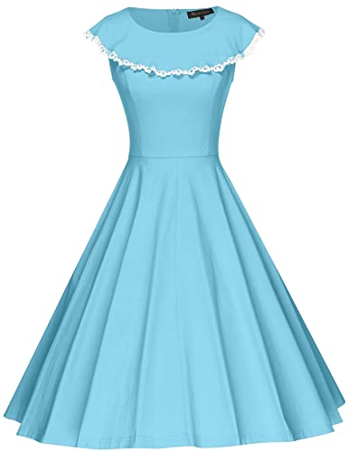 50s Womens Blue Cape Lace Trim Collar Rockabilly Prom Dress With Pockets - Gowntownvintage