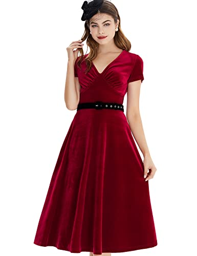 Women`s 50s Vintage Darkred Velvet  Swing Dress With Pockets