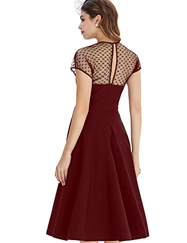 50s  Darkred Round Neckline Semi-transparent Lace Top Splicing Party Swing Dress With Pockets