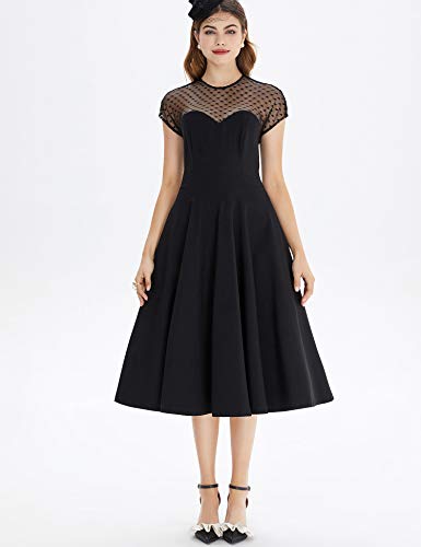 50s  Black Round Neckline Semi-transparent Lace Top Splicing Party Swing Dress With Pockets