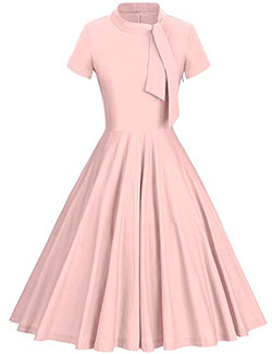 50s Stand Collar Neckline With Fixed Bowknot Tie Pink Retro Rockabilly  Party Swing Dress With Pockets - Gowntownvintage