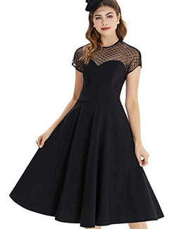 50s  Black Round Neckline Semi-transparent Lace Top Splicing Party Swing Dress With Pockets