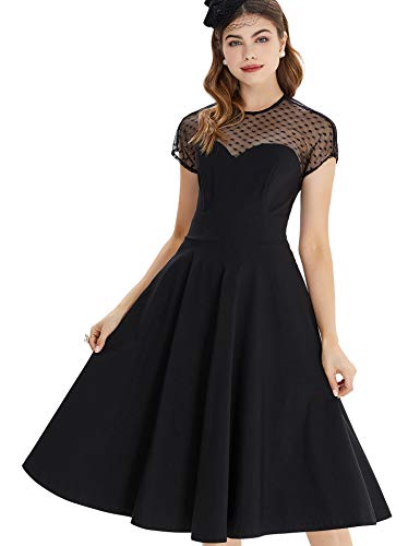 50s  Black Round Neckline Semi-transparent Lace Top Splicing Party Swing Dress With Pockets