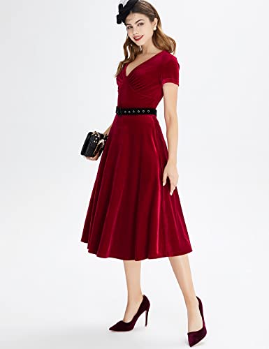 Women`s 50s Vintage Darkred Velvet  Swing Dress With Pockets