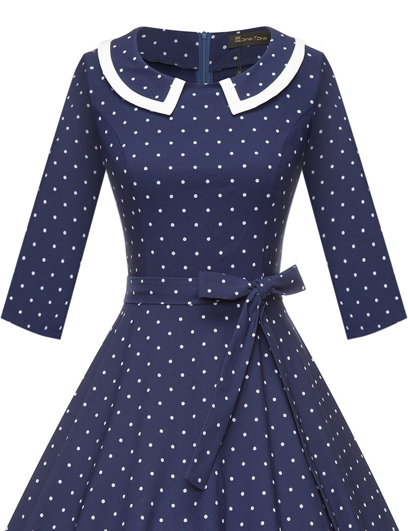 50s Women`s  Darkblue Polka Dot Peter Pan Collar Party Dress With Pockets - Gowntownvintage