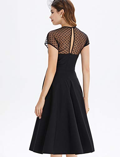 50s  Black Round Neckline Semi-transparent Lace Top Splicing Party Swing Dress With Pockets