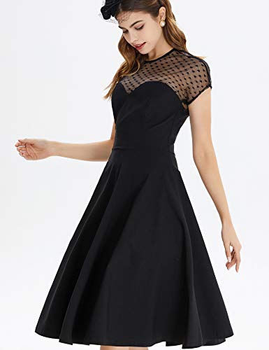 50s  Black Round Neckline Semi-transparent Lace Top Splicing Party Swing Dress With Pockets