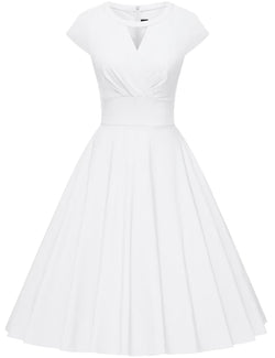 50s ivory keyhole round neck retro swing dress with pockdets