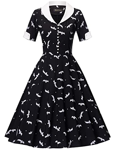 40s 50s Women`s Bat Pattern Halloween Day  Shirt Dress With Pockets