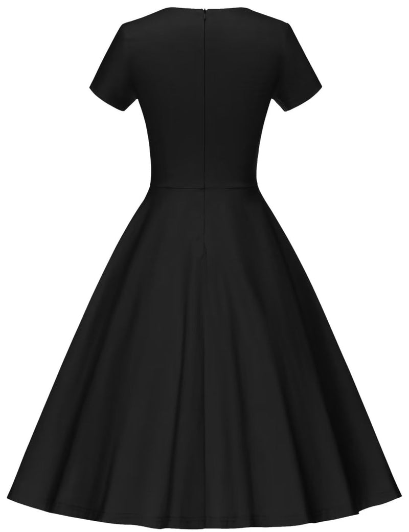 Women`s 50s Black Inserted V waistline Vintage Party Dress With Pockets - Gowntownvintage