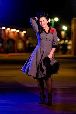 Shawl Collar Vneck Grey Shirtwaist Dress With Pockets