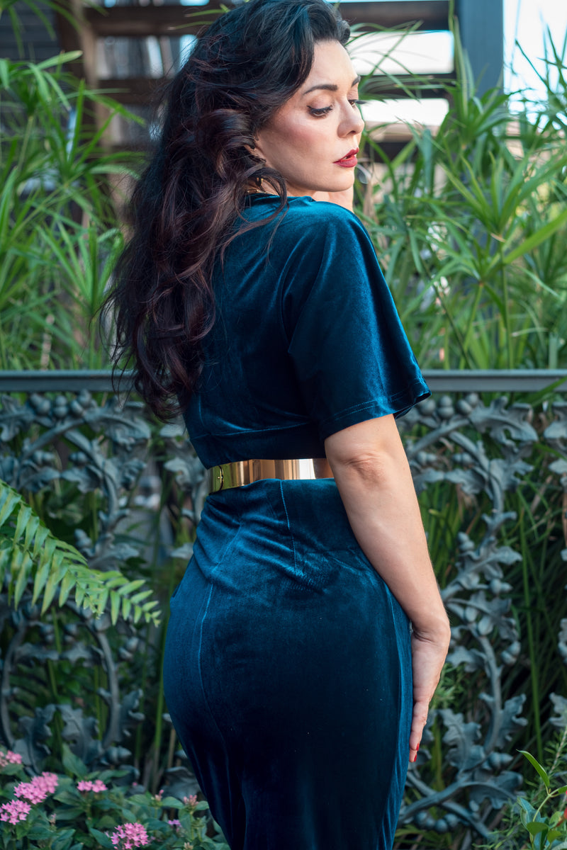 Women`s 1950s Vintage  Velvet Aqua blue Pencil Dress With Pockets - Gowntownvintage