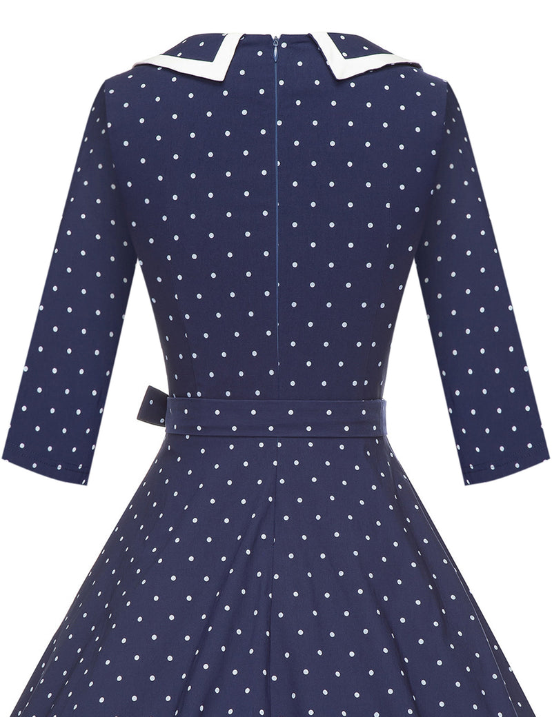 50s Women`s  Darkblue Polka Dot Peter Pan Collar Party Dress With Pockets - Gowntownvintage