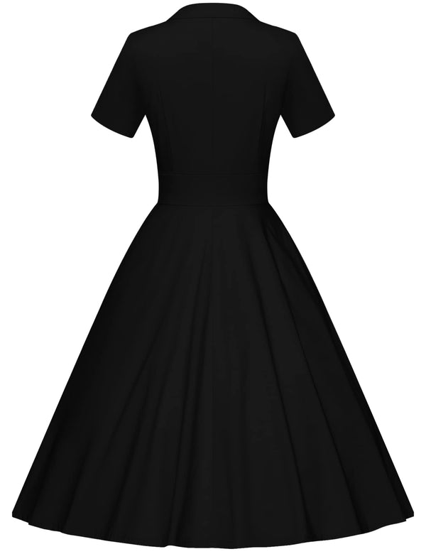 50s  Bowknot Necktie  Women`s Black  Retro Swing Dress With Pockets - Gowntownvintage