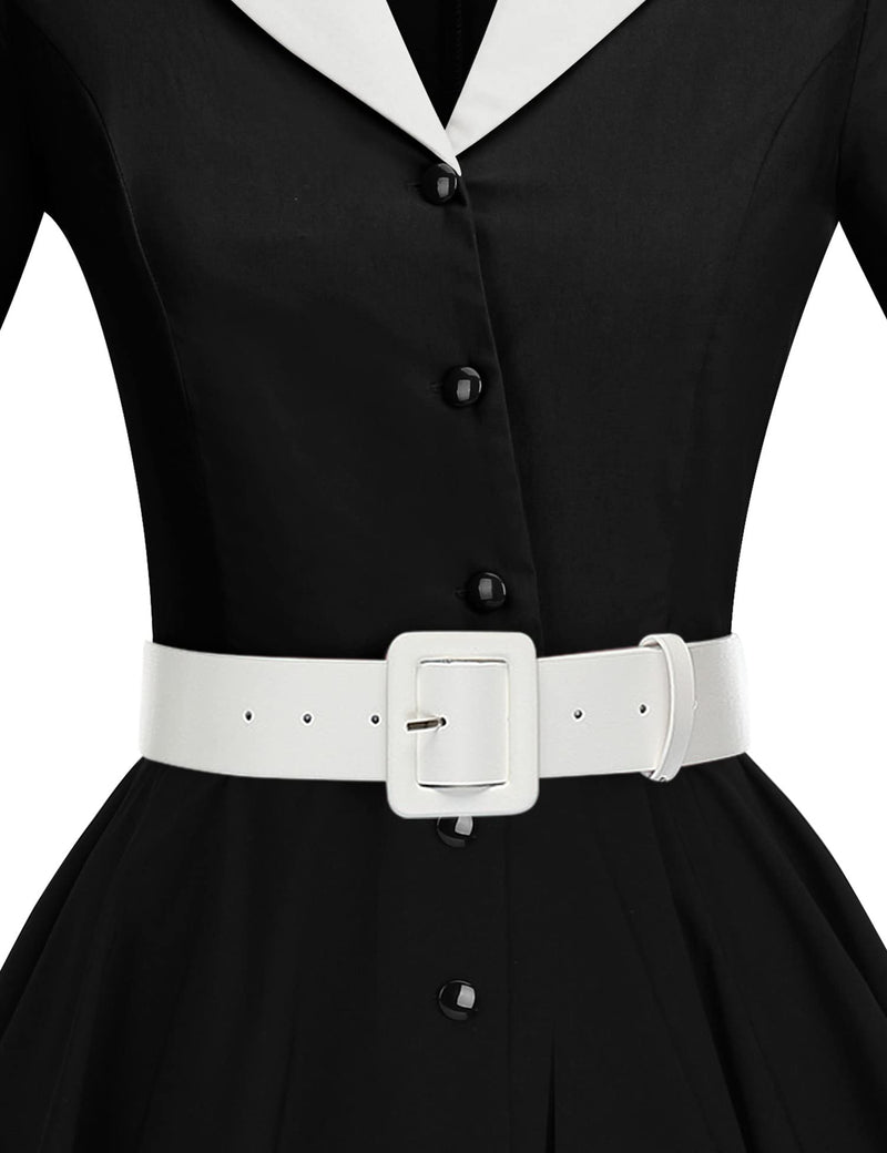 50s Lapel Collar Vneckline  Black Shirtwaist Vintage Dress With Belts&Pockets - Gowntownvintage