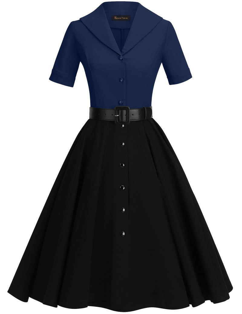 40s Darkblue Shirt Wasit Swing Dress With Pockets