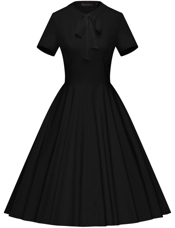 50s Bowknot Tie Black Swing Dress With Pockets