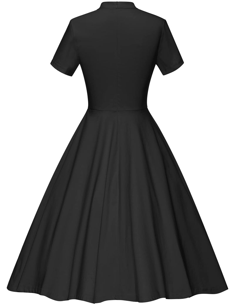 GownTown 50s Black  Retro Stand Collar  With Fixed Bowknot   Retro Rockabilly  Party Swing Dress With Pockets