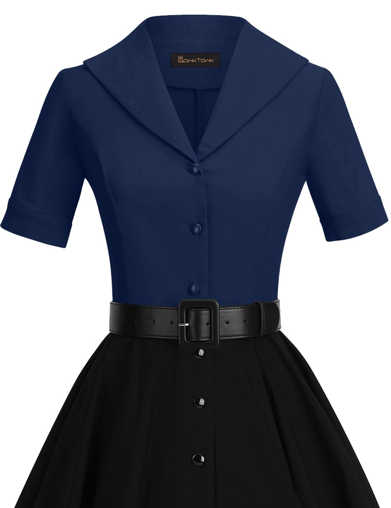 50s Lapel Collar Vneckline  Darkblue Shirtwaist Vintage Dress With Belts&Pockets - Gowntownvintage