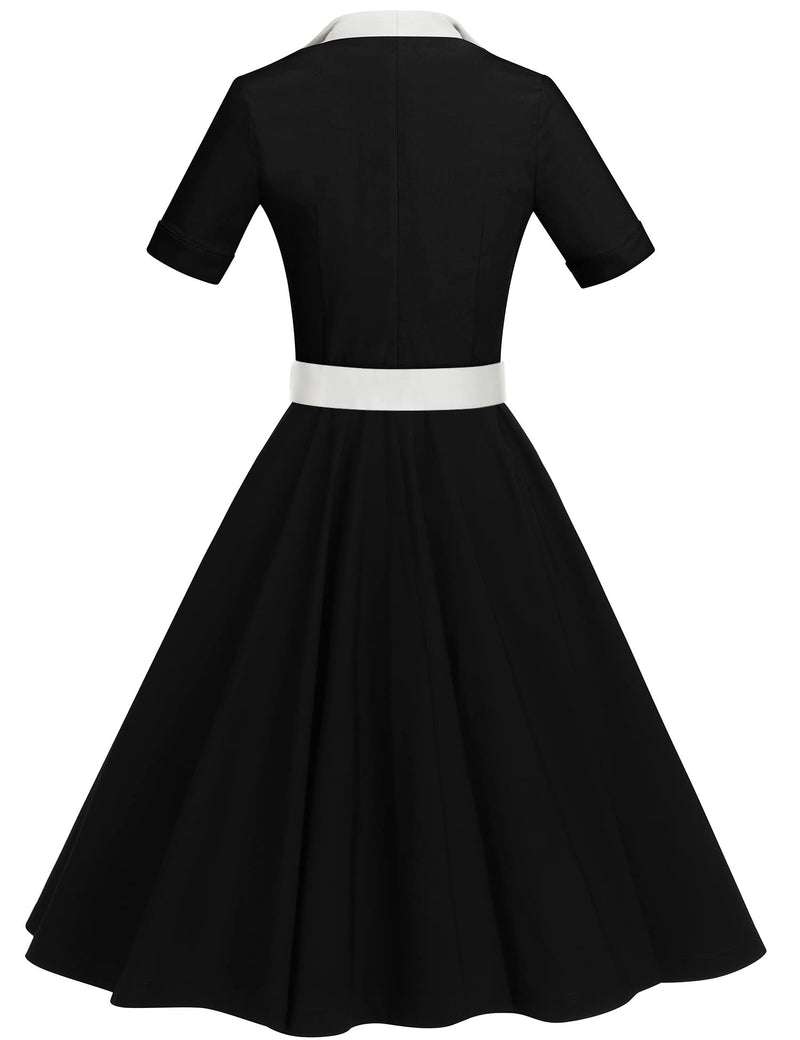 50s Lapel Collar Vneckline  Black Shirtwaist Vintage Dress With Belts&Pockets - Gowntownvintage