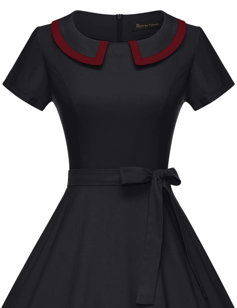 50s  Women`s Retro Dress Black Peter Pan Collar Swing Dress With Pockets - Gowntownvintage