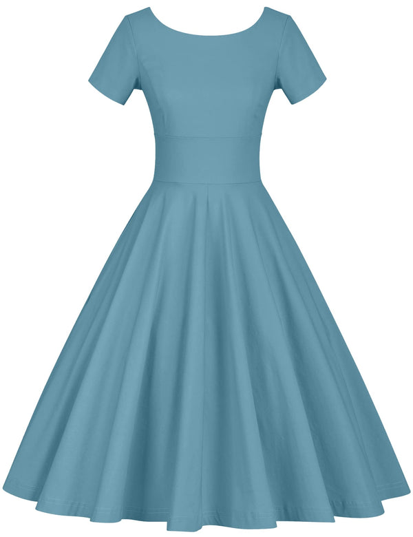 50s Women`s Scoop Collar Blue Dress With Pockets - Gowntownvintage