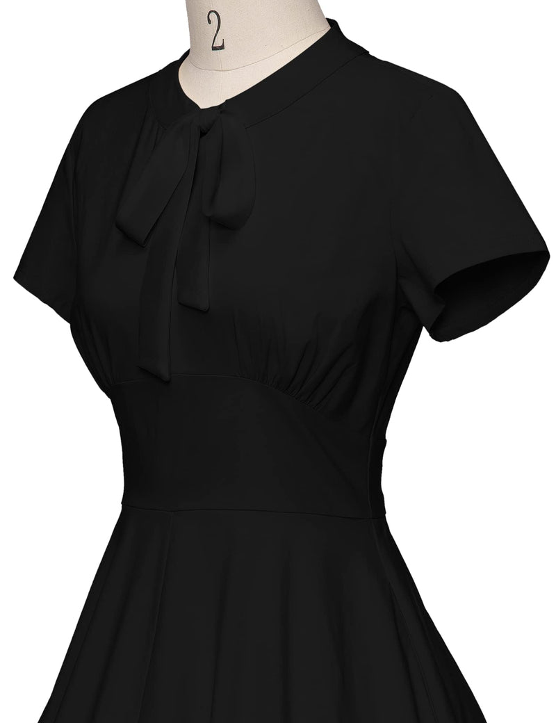 50s  Bowknot Necktie  Women`s Black  Retro Swing Dress With Pockets - Gowntownvintage