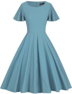 50s Scoop Collar Butterfly Sleeve 702 Blue Rockabilly Swing Dress With Pockets