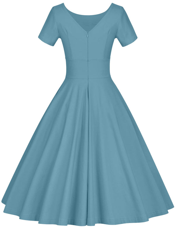 50s Women`s Scoop Collar Blue Dress With Pockets - Gowntownvintage