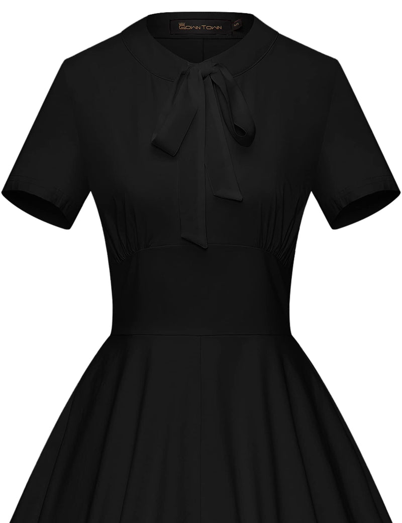 50s  Bowknot Necktie  Women`s Black  Retro Swing Dress With Pockets - Gowntownvintage