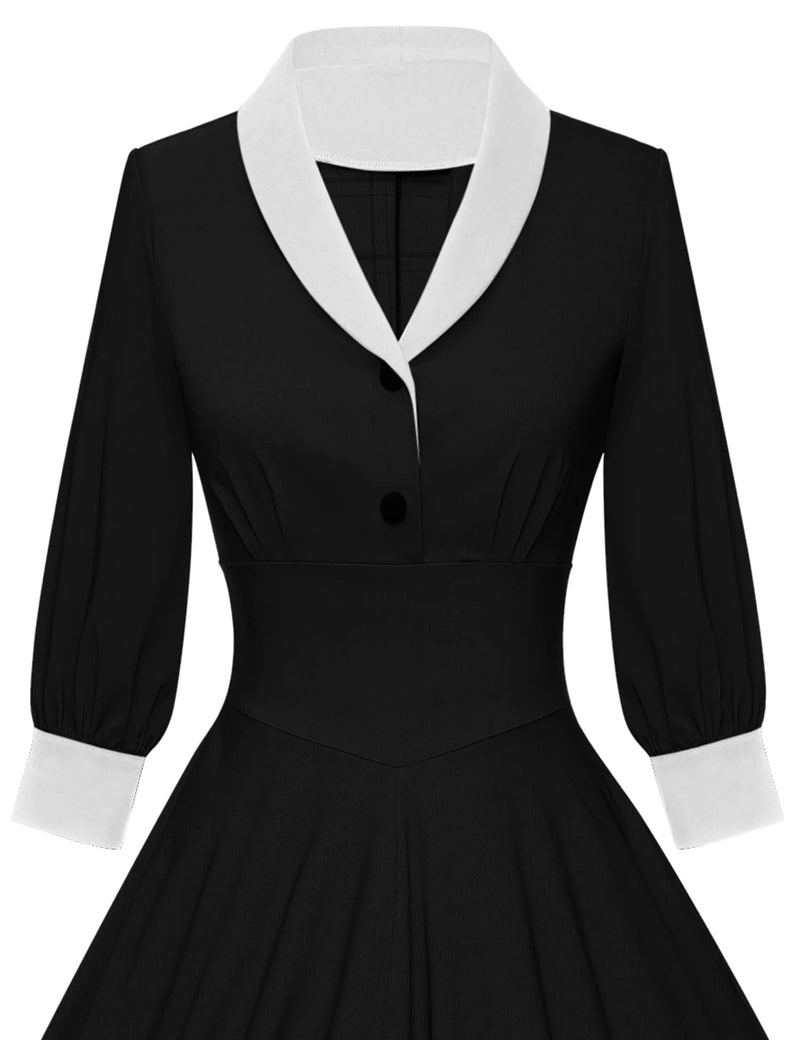 40s Vintage Women`s Black  Shawl Collar Vneckline Shirtwaist Swing Dress With Pockets - Gowntownvintage