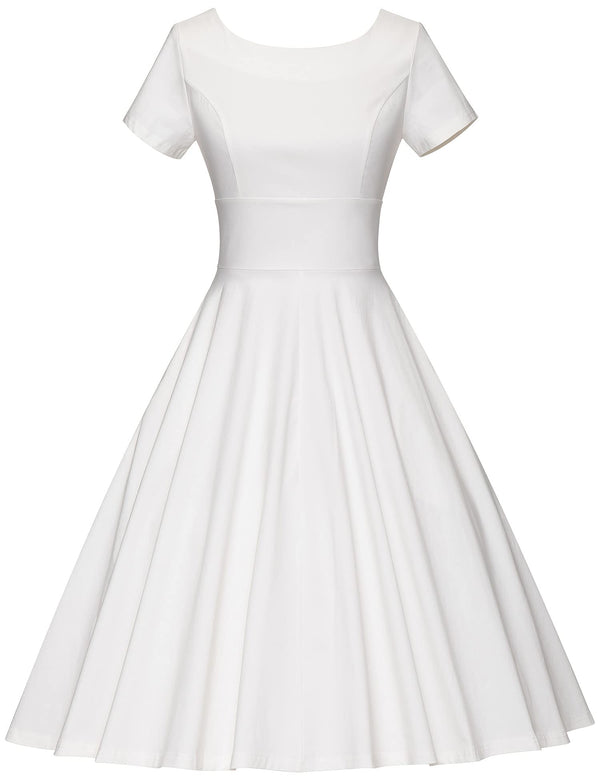 50s Women`s Scoop Collar Audrey Hepburn Style Ivory Swing Dress With Pockets - Gowntownvintage