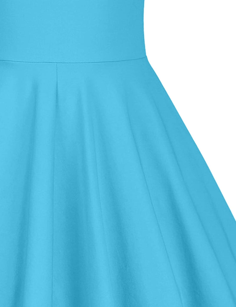 50s Women`s Scoop Collar Skyblue  Dress With Pockets