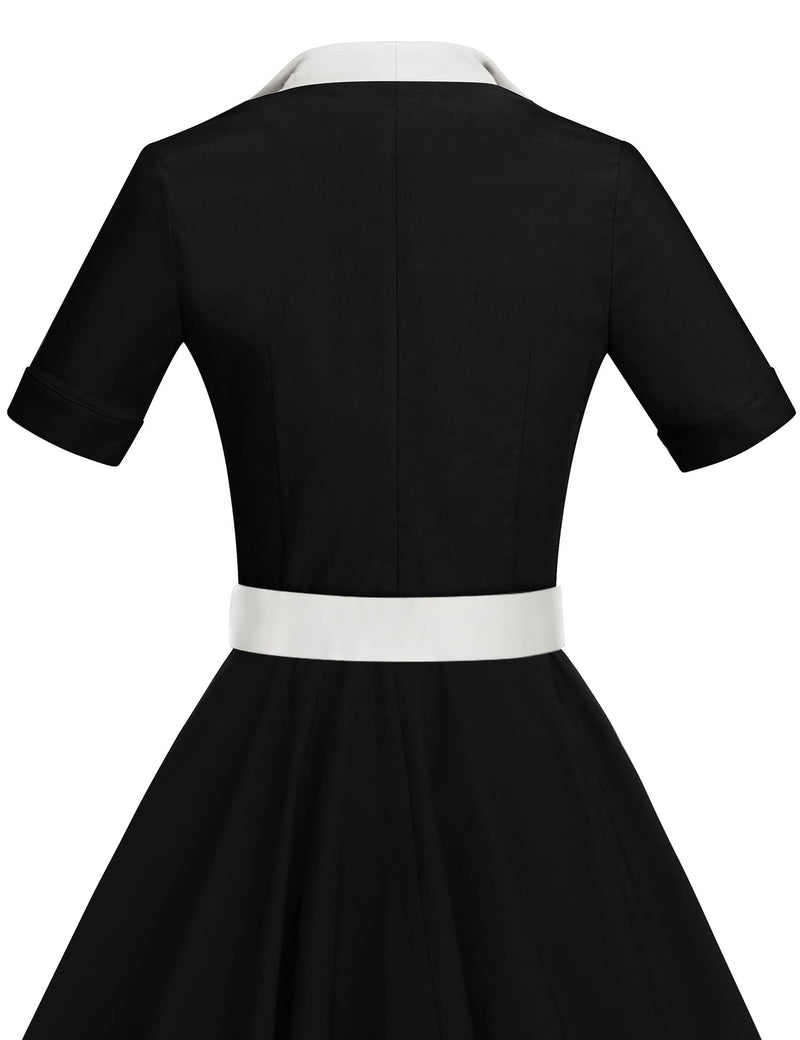 50s Lapel Collar Vneckline  Black Shirtwaist Vintage Dress With Belts&Pockets - Gowntownvintage